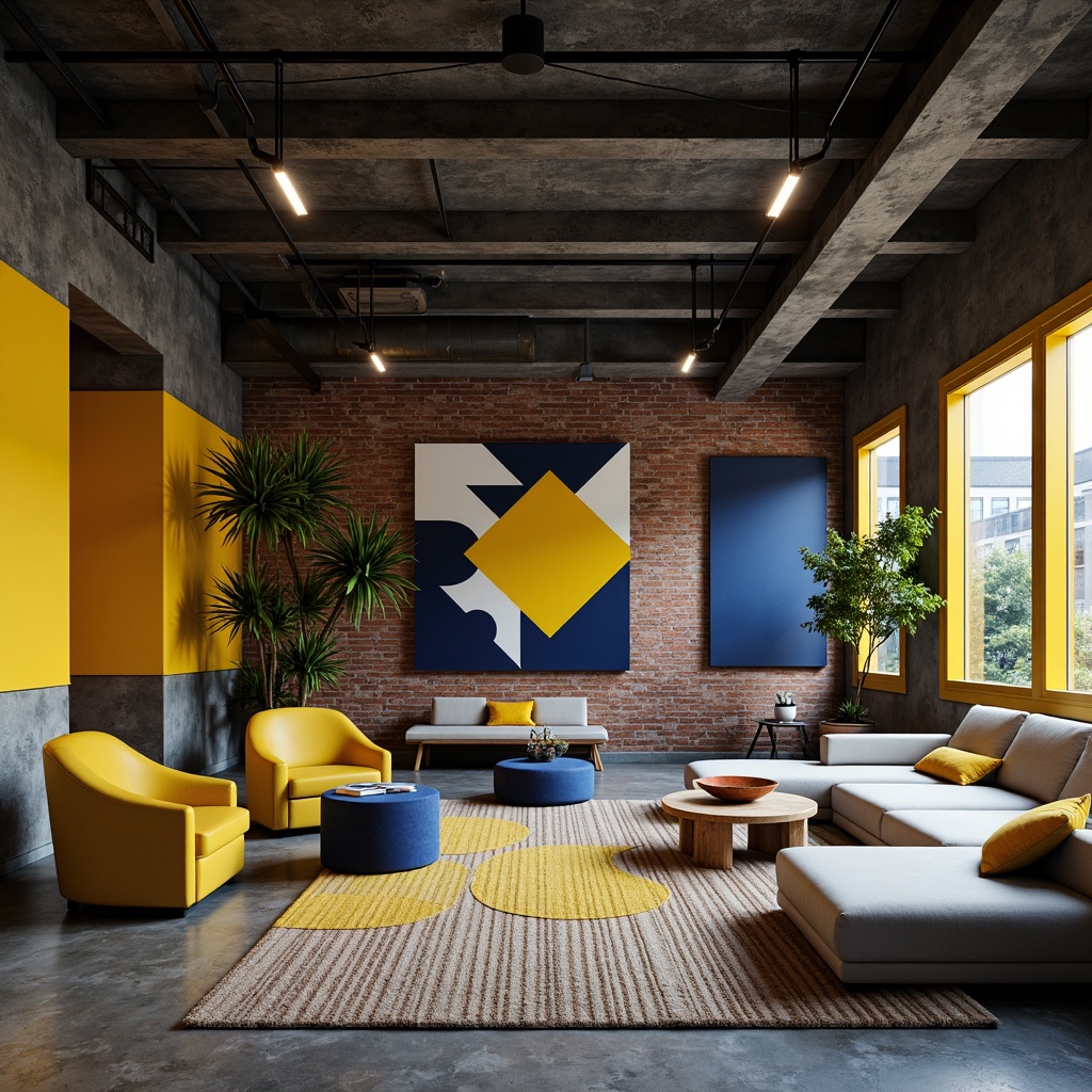 Prompt: Vibrant constructivist interior, bold geometric shapes, industrial materials, exposed brick walls, metal beams, concrete floors, minimalist decor, neutral color palette, monochromatic scheme, pops of bright yellow, deep blue accents, urban loft atmosphere, functional lighting, modern furniture pieces, abstract art installations, textured rugs, sleek lines, futuristic ambiance, high-contrast photography, dramatic shadows, 1/2 composition, moody lighting, atmospheric perspective.