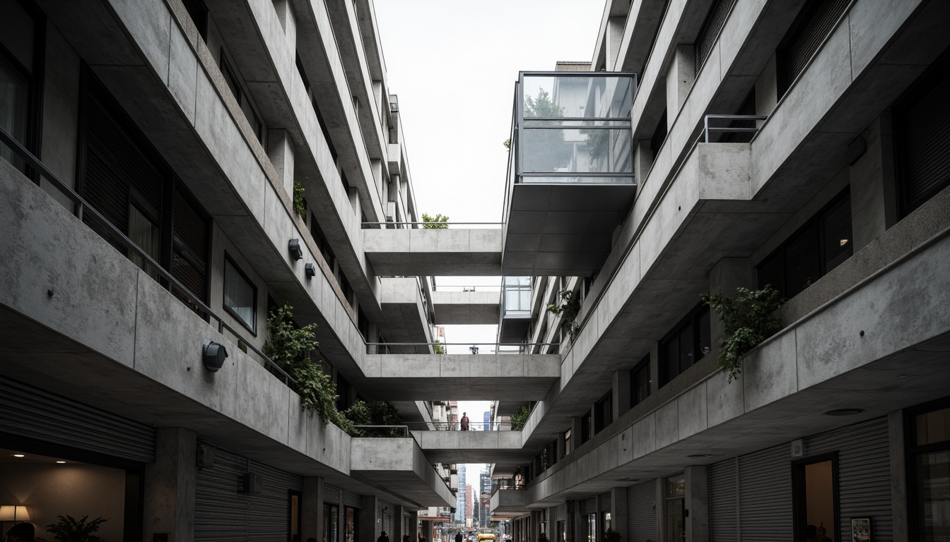 Prompt: Industrial urban landscape, brutalist concrete buildings, abstract geometric forms, exposed ductwork, metallic structures, cantilevered roofs, asymmetrical compositions, fragmented spaces, dynamic circulation paths, futuristic elevators, minimalist material palette, monochromatic color scheme, high-contrast lighting, dramatic shadows, 1/1 composition, low-angle shot, cinematic atmosphere, intricate architectural details, ambient occlusion.