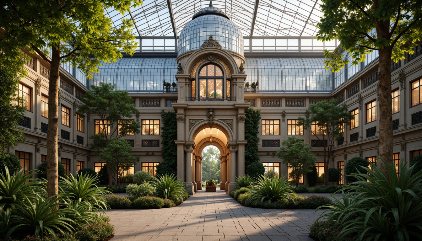 Prompt: \Ornate greenhouse facade, Baroque-inspired architecture, grand entranceways, intricate stone carvings, ornamental metalwork, lush greenery, tropical plants, curved glass roofs, natural light filtering, warm ambient lighting, 3/4 composition, shallow depth of field, realistic textures, ambient occlusion, morning dew droplets, soft focus effect.\