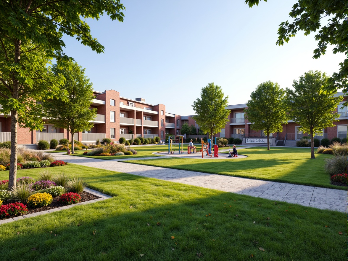 Prompt: Vibrant elementary school playground, colorful flowerbeds, lush green grass, playful climbing structures, swing sets, slides, sandbox areas, educational signage, natural stone pathways, modern fencing, shade-providing trees, sunny day, soft warm lighting, shallow depth of field, 3/4 composition, panoramic view, realistic textures, ambient occlusion.