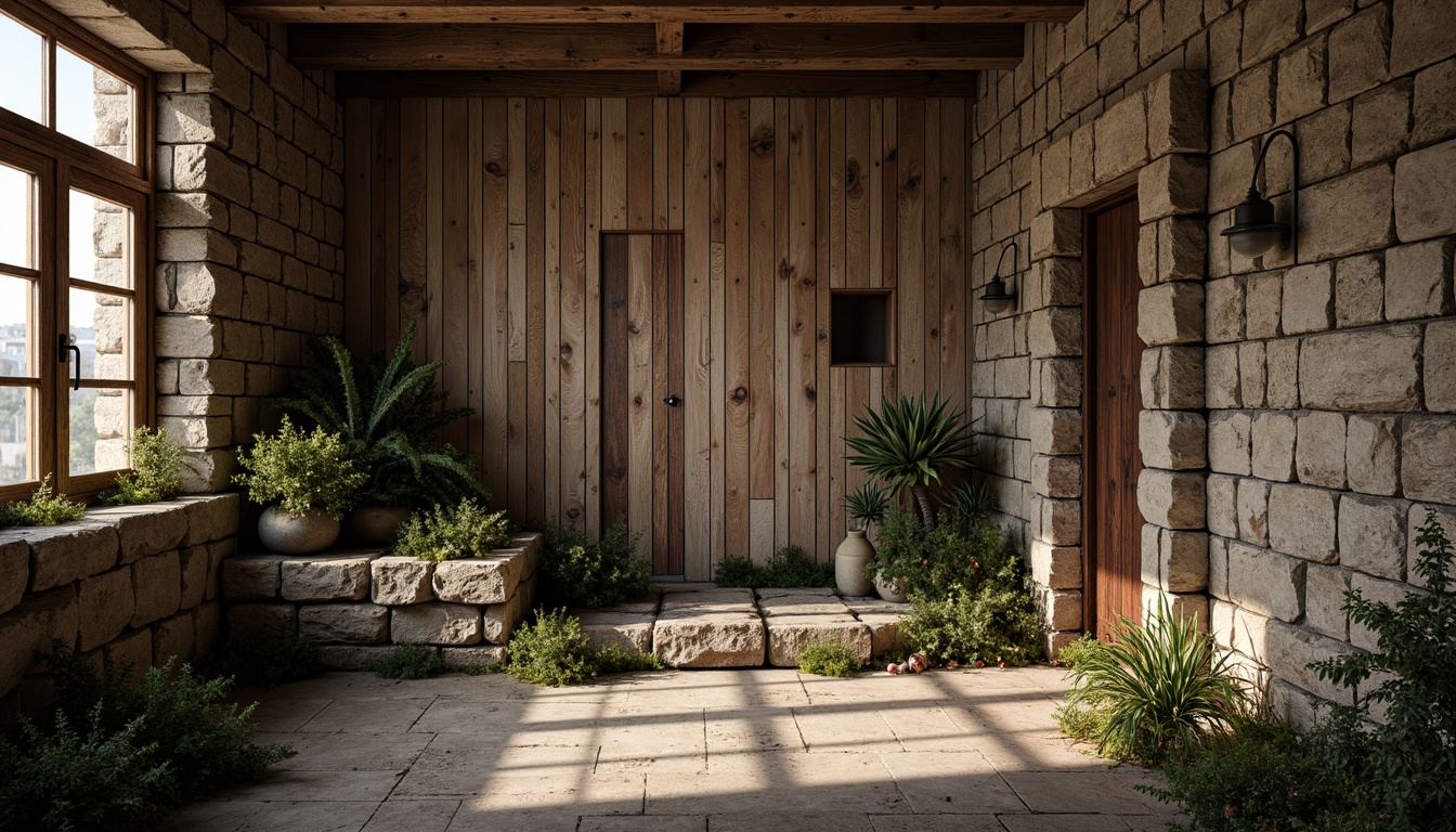 Prompt: Rough stone walls, weathered wooden planks, rusty metal accents, tactile concrete floors, organic natural forms, earthy color palette, moss-covered surfaces, intricate rock patterns, distressed finishes, vintage industrial aesthetic, warm atmospheric lighting, shallow depth of field, 3/4 composition, realistic textures, ambient occlusion.