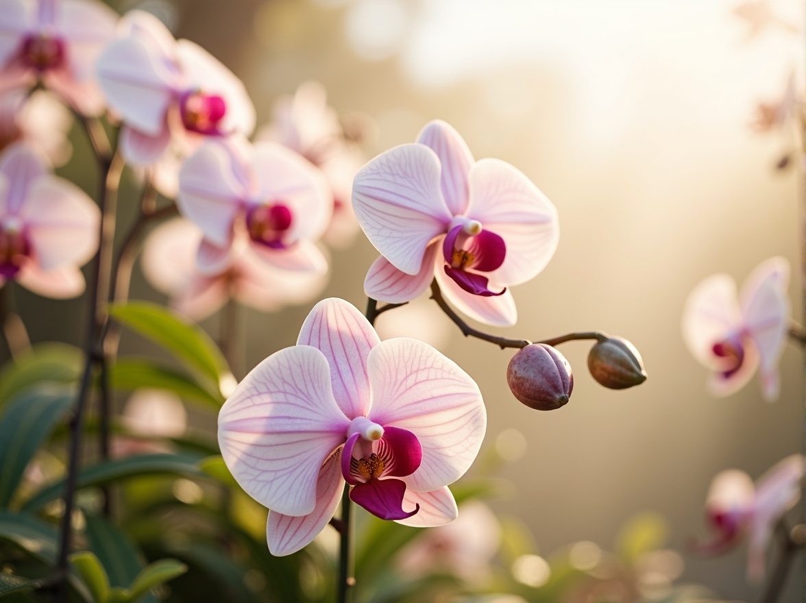 Prompt: Ethereal orchid-inspired ambiance, soft pastel hues, delicate petals, whimsical illustrations, gentle watercolor textures, creamy whites, pale peach undertones, mauve accents, dusty rose shades, subtle golden highlights, lush greenery, misty morning light, dreamy atmosphere, shallow depth of field, 1/1 composition, warm natural lighting, realistic soft focus.