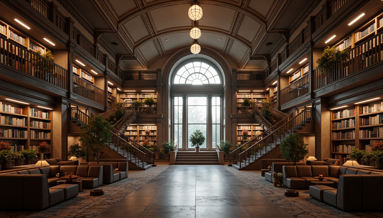 Prompt: Grand neoclassical library, symmetrical fa\u00e7ade, ornate columns, carved stone details, majestic entrance, sweeping staircases, high ceilings, elegant chandeliers, rich wooden paneling, comfortable reading nooks, ample natural light, soft warm glow, subtle color palette, harmonious proportions, balanced composition, central axis symmetry, 1/1 aspect ratio, atmospheric misty lighting, realistic textures, ambient occlusion.