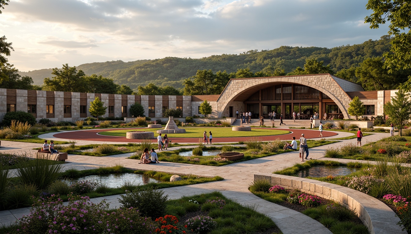 Prompt: Rustic gymnasium building, regionalism style architecture, natural stone fa\u00e7ade, wooden accents, curved lines, earthy color palette, lush greenery, vibrant flowers, meandering walkways, ornamental ponds, fountain features, rustic benches, outdoor fitness equipment, climbing walls, athletic track, sports field, stadium seating, grand entrance arches, dramatic lighting effects, warm golden hour, shallow depth of field, 2/3 composition, atmospheric perspective, detailed textures.