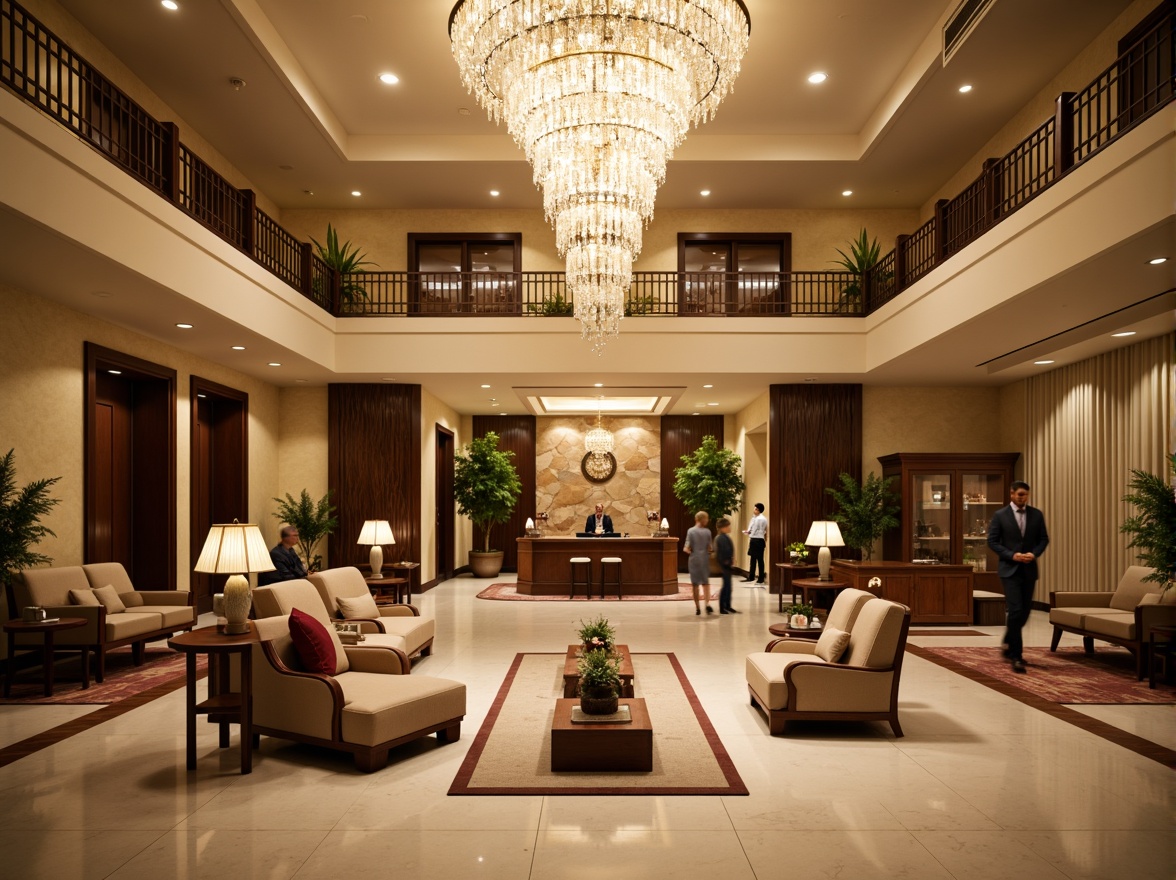 Prompt: Cozy hotel lobby, elegant chandelier, plush sofas, polished marble floors, warm beige walls, comfortable seating areas, wooden reception desk, friendly staff, relaxing ambiance, soft background music, natural stone features, luxurious carpets, spacious corridors, stylish room keys, modern elevator systems, calming color scheme, warm lighting, shallow depth of field, 1/1 composition, realistic textures, ambient occlusion.