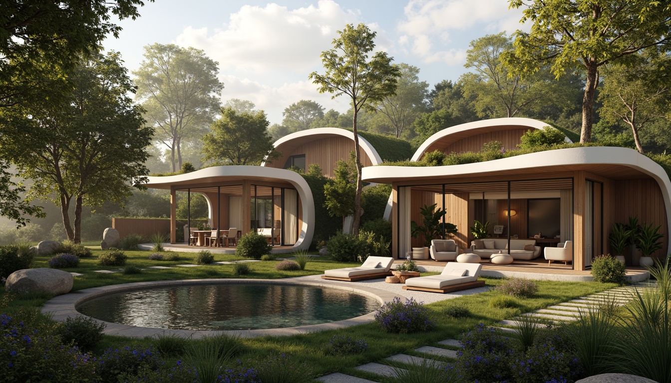 Prompt: Organic modern homes, curved lines, green roofs, living walls, natural stone facades, wooden accents, large windows, sliding glass doors, seamless indoor-outdoor transitions, minimalist interior design, earthy color palette, abundant natural light, soft warm ambiance, subtle texture variations, 1/1 composition, shallow depth of field, realistic material rendering, ambient occlusion, serene forest surroundings, lush vegetation, misty mornings, warm sunbeams.Let me know if this meets your requirements!