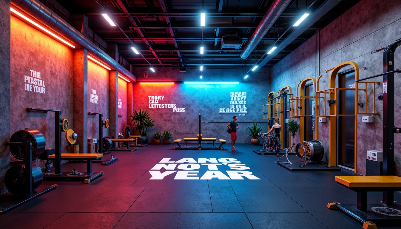 Prompt: Vibrant gym interior, bold color scheme, energetic atmosphere, dynamic lighting, motivational quotes, modern equipment, rubber flooring, steel beams, industrial architecture, urban loft style, concrete walls, reclaimed wood accents, metallic tones, bright blue hues, fiery red shades, sunny yellow accents, deep gray undertones, high-contrast color palette, futuristic ambiance, athletic wear branding, sporty typography, dynamic composition, shallow depth of field, 2/3 framing, realistic textures.