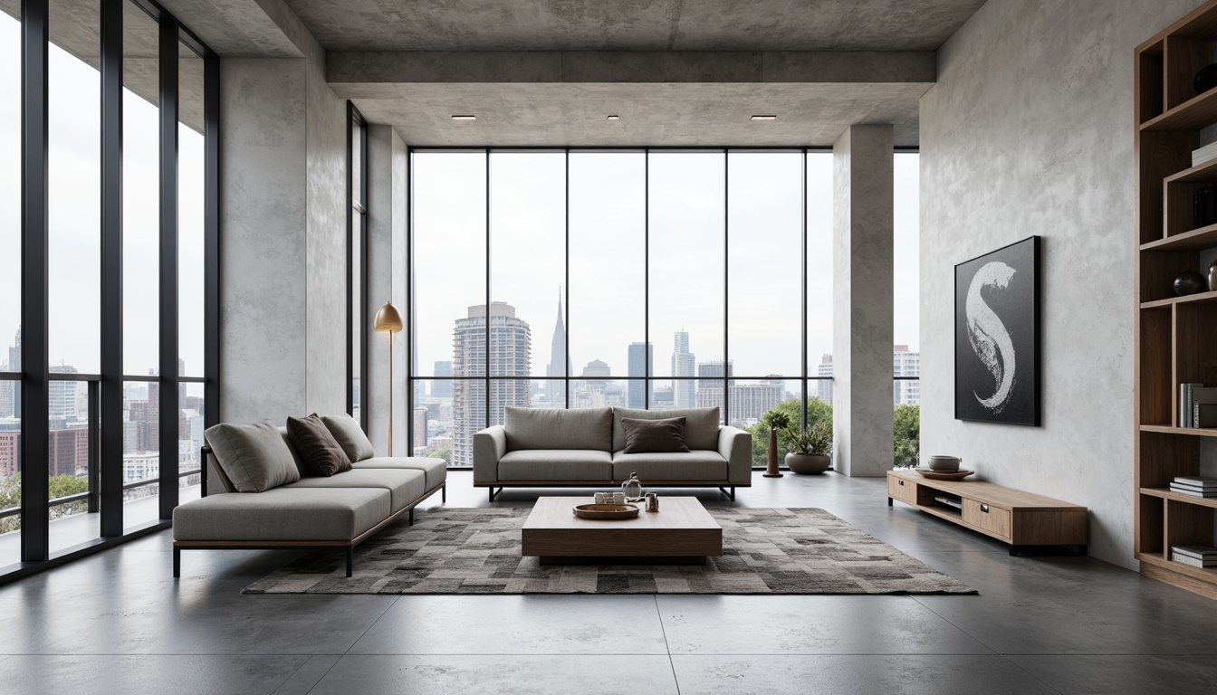 Prompt: Minimalist living room, sleek low-profile furniture, monochromatic color scheme, polished concrete floors, industrial metal accents, geometric patterned rugs, floor-to-ceiling windows, urban city views, soft diffused lighting, 1/1 composition, shallow depth of field, realistic textures, ambient occlusion, modern abstract artwork, functional shelving units, hidden storage compartments, smart home automation systems, eco-friendly materials, sustainable design solutions.