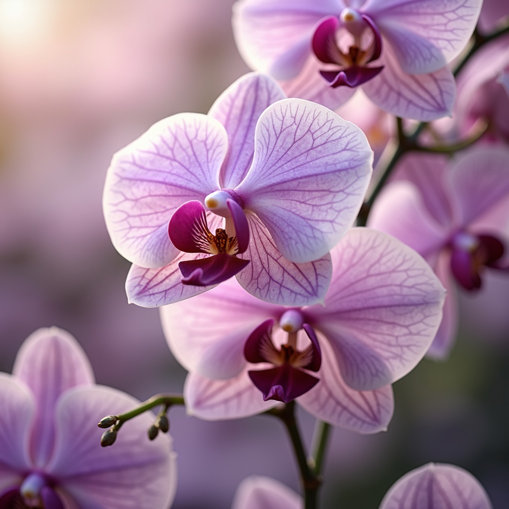 Prompt: Delicate orchid flowers, soft pastel hues, gentle petals, subtle sheen, creamy whites, pale pinks, lavender undertones, rich berry accents, luxurious velvety textures, ornate metallic details, whimsical illustrations, dreamy atmospheric lighting, shallow depth of field, 1/1 composition, romantic warm color tone, intricate patterns, elegant typography, refined design elements.