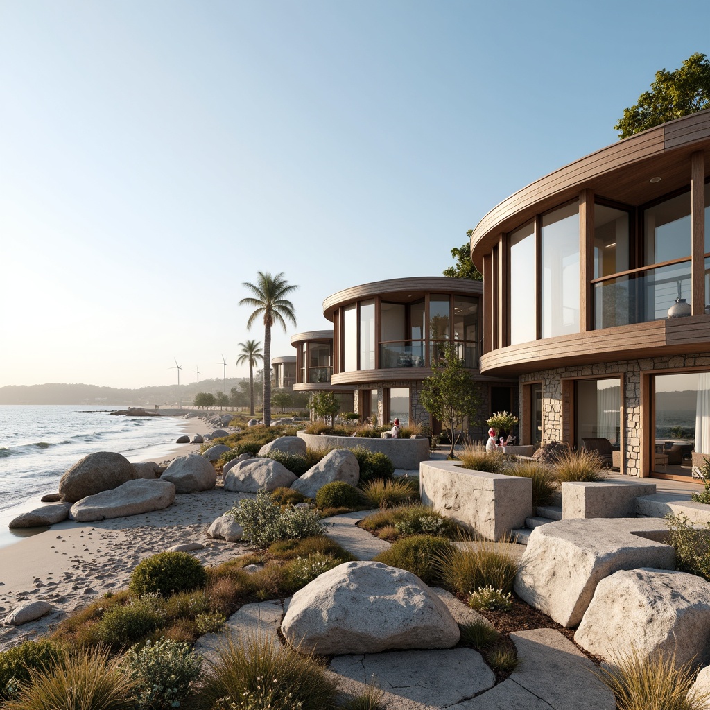 Prompt: Coastal modern buildings, large windows, sliding glass doors, ocean views, sandy beaches, rocky shores, driftwood accents, nautical themed decor, sea salt air, warm sunlight, soft blue hues, natural stone walls, weathered wood exteriors, curved lines, minimalist design, eco-friendly materials, sustainable energy systems, rooftop gardens, outdoor seating areas, wind turbines, solar panels, misting systems, shallow depth of field, 3/4 composition, panoramic view, realistic textures, ambient occlusion.