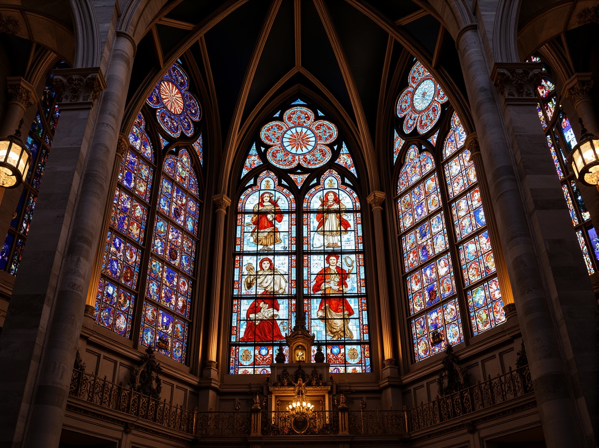 Prompt: Vibrant stained glass windows, kaleidoscope of colors, intricately designed patterns, ornate metal frames, Gothic-inspired architecture, sacred ambiance, warm natural light, soft diffused illumination, rich textures, luxurious materials, opulent decorations, grandiose scale, majestic high ceilings, symmetrical compositions, harmonious color palette, subtle reflections, delicate refractions, 1/2 composition, shallow depth of field, realistic renderings.