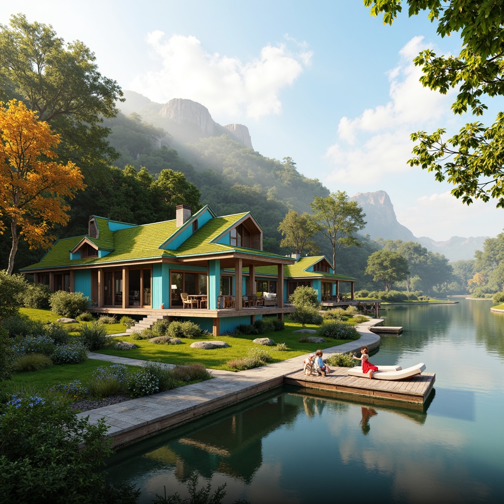 Prompt: \Whimsical lakefront villa, eclectic architecture, asymmetrical facade, vibrant turquoise accents, lush green roofs, natural stone walls, wooden docks, sailboat-inspired decorations, winding pathways, flowering meadows, serene lake views, misty morning atmosphere, warm golden lighting, shallow depth of field, 1/1 composition, intimate close-ups, realistic water reflections, ambient occlusion.\Please let me know if this meets your requirements!