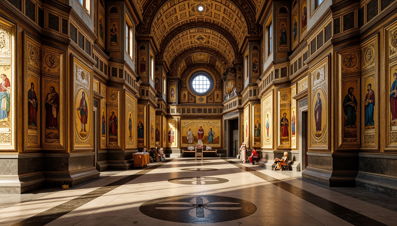 Prompt: Intricate mosaics, golden tesserae, shimmering glass tiles, ornate Byzantine patterns, rich jewel tones, symbolic Christian imagery, grand cathedral architecture, vaulted ceilings, apse decorations, marble floors, ornate columns, elaborate iconography, warm soft lighting, subtle shading, realistic reflections, 1/1 composition, detailed textures, ambient occlusion.