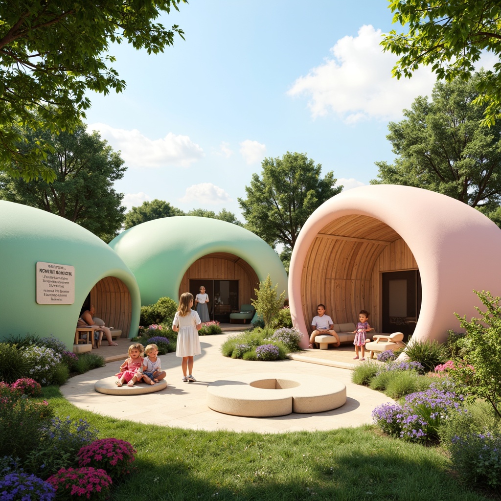 Prompt: Whimsical kindergarten, curvaceous blob-like structures, playful organic shapes, soft pastel colors, natural wood accents, cozy reading nooks, circular windows, wavy rooflines, gentle sloping hills, lush greenery surroundings, vibrant flowers, educational signage, tactile play areas, sensory stimulation zones, warm sunny day, soft diffused lighting, shallow depth of field, 1/1 composition, realistic textures, ambient occlusion.