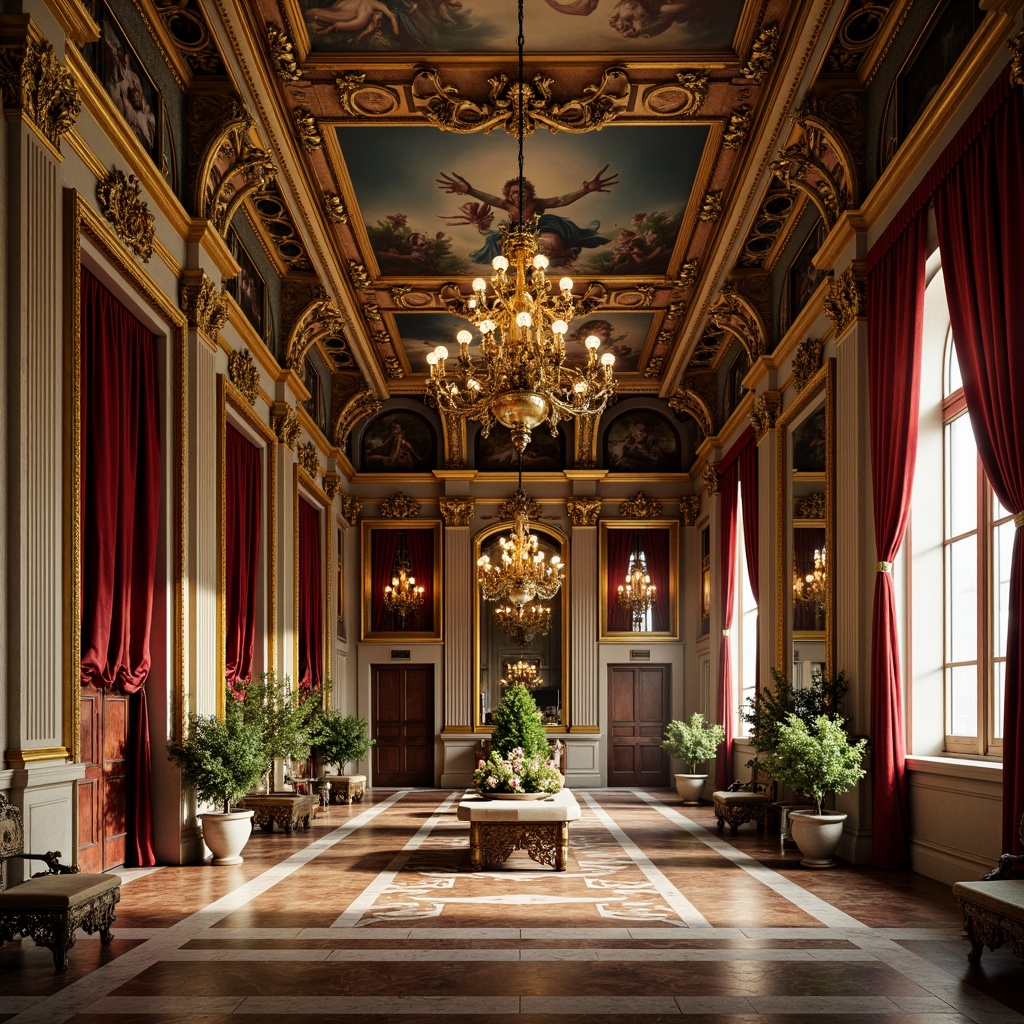 Prompt: Ornate Baroque palace, lavish golden accents, intricate stone carvings, polished marble floors, ornamental frescoes, grandiose chandeliers, rich velvet drapes, gilded mirrors, rustic wooden beams, ornate plasterwork, dramatic lighting effects, warm candlelit ambiance, shallow depth of field, 1/2 composition, symmetrical framing, realistic reflections, ambient occlusion.