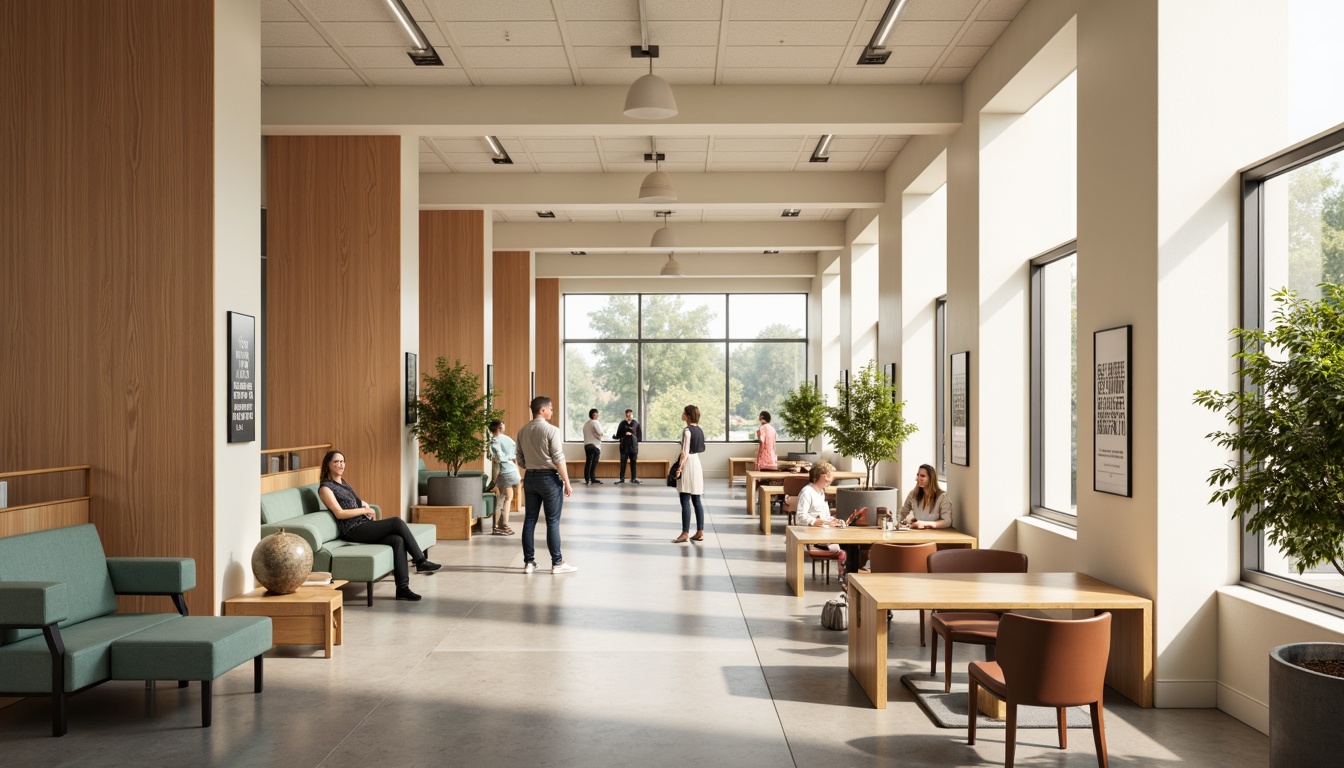 Prompt: Educational institution, modern architecture, neutral color scheme, calming atmosphere, cream-colored walls, rich wood accents, comfortable seating areas, natural light pouring in, large windows, wooden desks, ergonomic chairs, inspirational quotes, motivational posters, subtle texture patterns, soft warm lighting, shallow depth of field, 3/4 composition, realistic renderings.