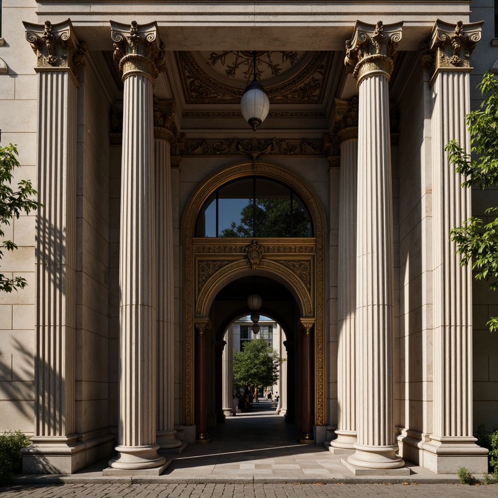 Prompt: Ornate column capitals, fluted shafts, ornamental moldings, classical orders, Corinthian columns, ionic volutes, acanthus leaves, carved marble details, grandiose entranceways, symmetrical facades, rusticated bases, entablature, pediments, architraves, friezes, metopes, triglyphs, regal architecture, lavish decorations, golden accents, dramatic lighting, high contrast, detailed textures, realistic materials, 1/2 composition, classical proportions.