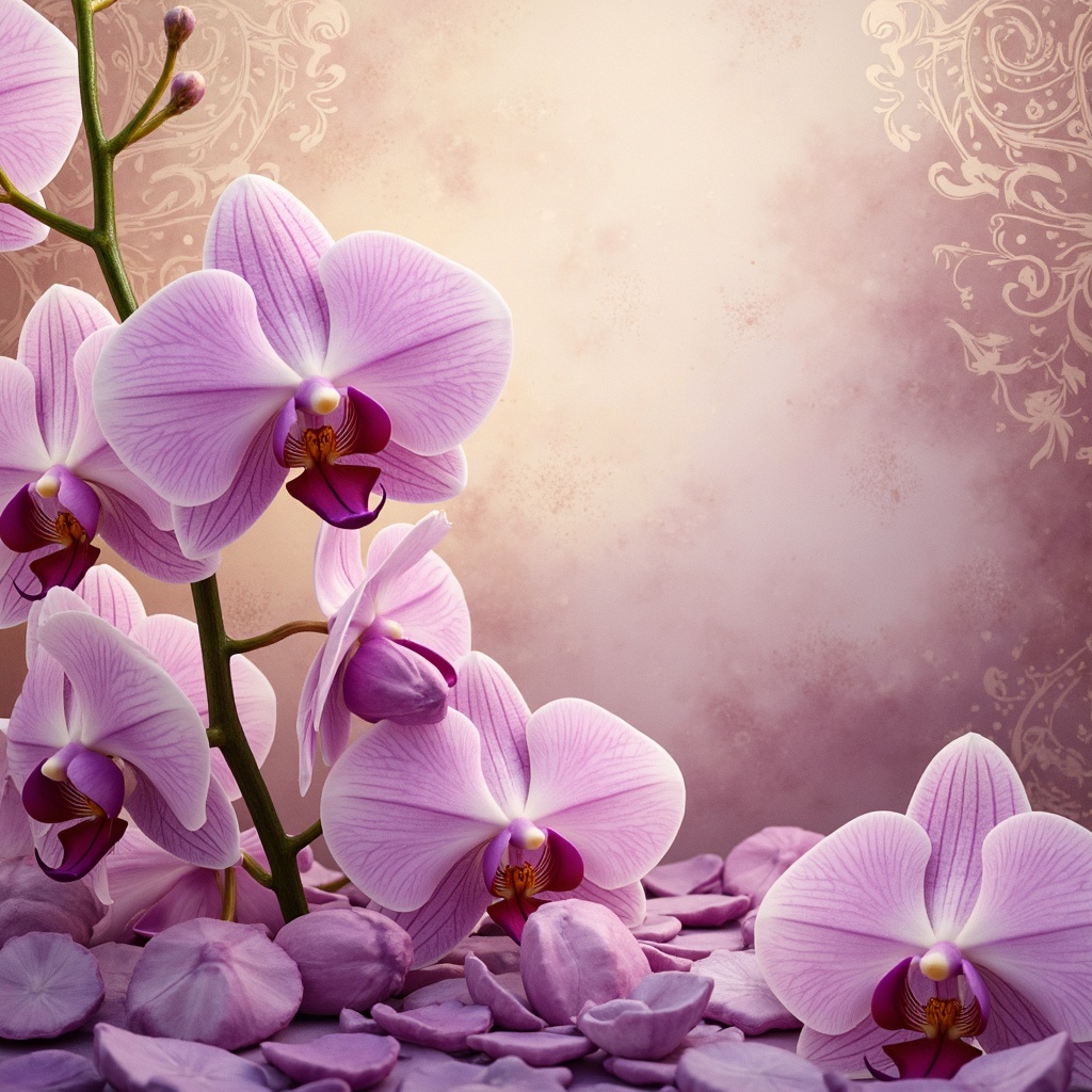 Prompt: Ethereal orchid blooms, delicate petals, soft pink undertones, rich purple hues, velvety textures, luxurious fabrics, ornate patterns, antique gold accents, warm beige backgrounds, subtle gradient effects, gentle ombre transitions, whimsical watercolor illustrations, dreamy soft focus, 1/2 composition, romantic warm lighting, intimate atmospheric mood.