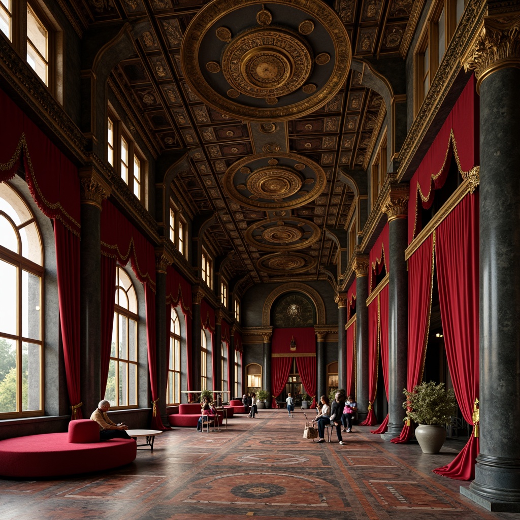 Prompt: Rich gold accents, deep crimson reds, midnight blues, emerald greens, ornate patterns, intricate mosaics, lavish ornamentation, luxurious textiles, velvet fabrics, satin drapes, marble columns, ornate arches, gilded details, subtle gradients, warm ambient lighting, shallow depth of field, 2/3 composition, realistic reflections, detailed normals.