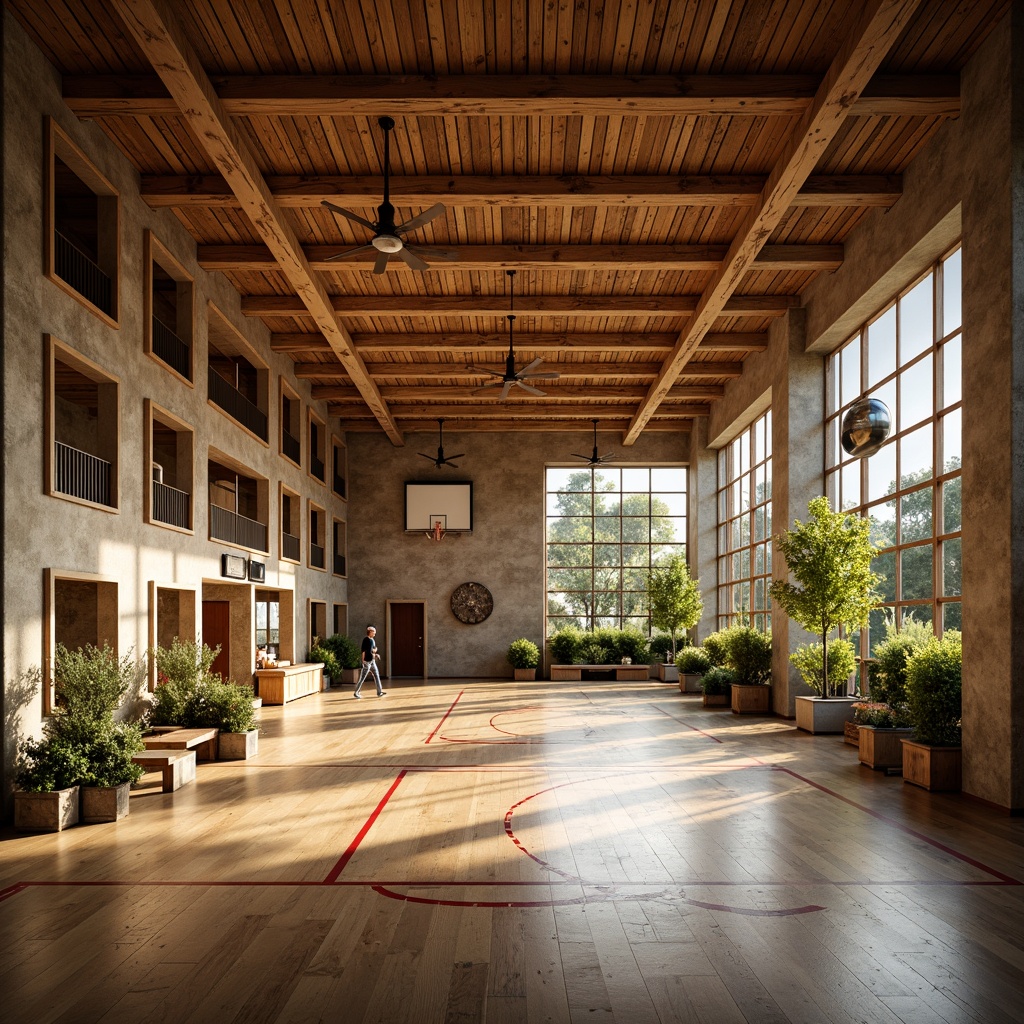 Prompt: Rustic gymnasium, earthy tones, natural ventilation, wooden accents, exposed brick walls, recycled materials, green roofs, solar panels, rainwater harvesting systems, organic forms, curved lines, minimalist design, regional cultural influences, local craftsmanship, earthy color palette, abundant natural light, soft warm lighting, shallow depth of field, 3/4 composition, panoramic view, realistic textures, ambient occlusion.