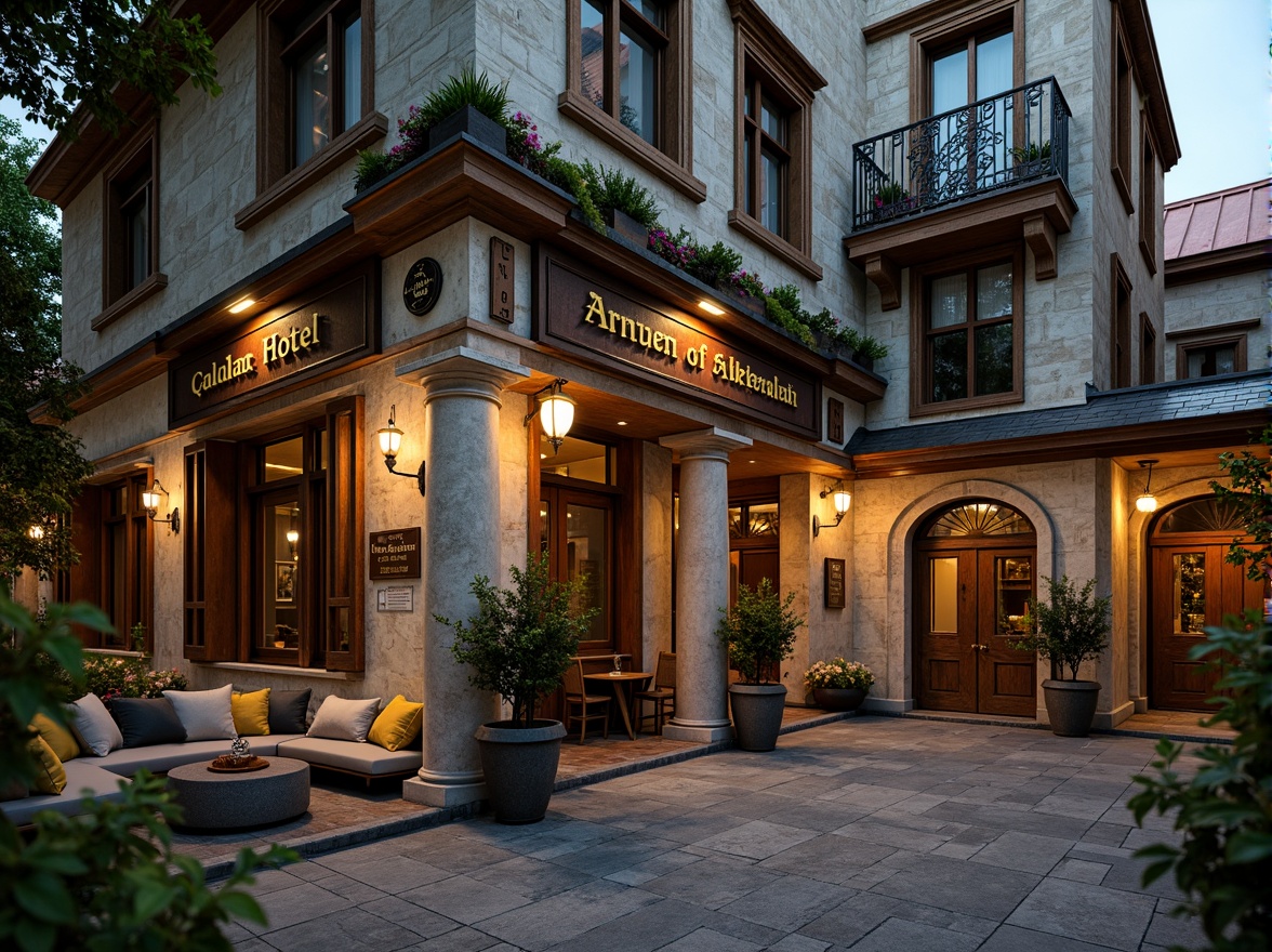 Prompt: Renaissance-style hostel, ornate stone fa\u00e7ade, richly decorated windows, rustic wooden doors, grand entrance, warm golden lighting, intricate carvings, ornamental metalwork, classical columns, arched doorways, vintage signage, distressed brick walls, aged copper roofing, lush greenery, blooming flowers, cozy outdoor seating, soft evening ambiance, shallow depth of field, 1/1 composition, realistic textures, ambient occlusion.