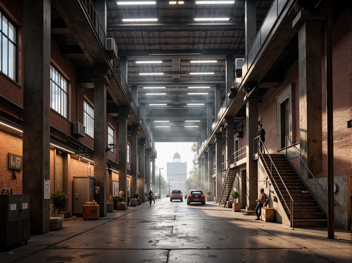 Prompt: Industrial warehouse, galvanized steel beams, fire brick walls, rusty metal accents, exposed ductwork, high ceilings, urban landscape, cityscape, morning mist, soft warm lighting, shallow depth of field, 3/4 composition, realistic textures, ambient occlusion.