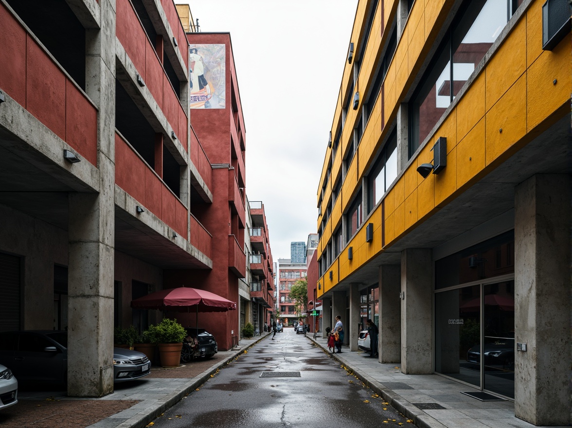 Prompt: Rough concrete textures, industrial brutalist architecture, bold color blocking, primary colors, geometric shapes, abstract compositions, urban cityscape, overcast skies, dramatic shadows, high contrast lighting, gritty urban feel, raw unfinished materials, exposed ductwork, functional minimalism, utilitarian aesthetic, monochromatic color schemes, muted earth tones, weathered steel accents, distressed finishes, avant-garde atmosphere, cinematic framing, low-angle shots, wide-angle lenses.