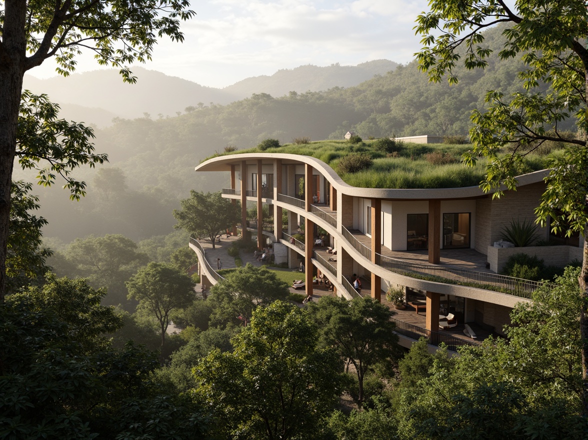 Prompt: Seamless site integration, organic architecture, natural stone walls, lush green roofs, curved wooden beams, floor-to-ceiling windows, panoramic views, surrounding forest, dense foliage, misty morning, soft warm lighting, shallow depth of field, 3/4 composition, symmetrical balance, modern minimalist design, eco-friendly materials, rainwater harvesting systems, grey water reuse, solar panels, innovative insulation technologies, natural ventilation systems, shaded outdoor spaces, intricate branch patterns, vibrant colorful textiles.