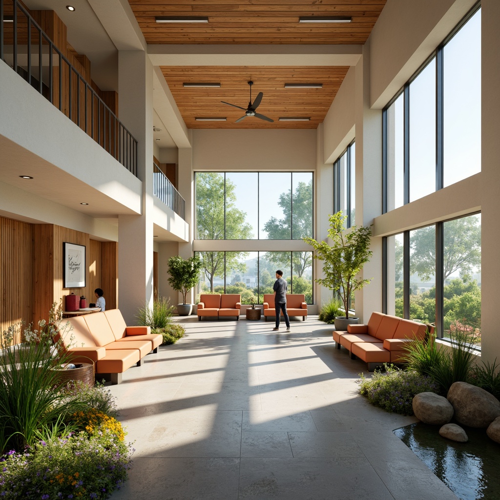 Prompt: Calming rehabilitation center, soothing color palette, gentle natural light, comfortable seating areas, warm wooden accents, soft greenery, peaceful water features, serene patient rooms, calming blue hues, uplifting yellow tones, energizing orange shades, stimulating red accents, harmonious spatial layout, minimalistic decor, functional furniture design, wheelchair-accessible pathways, nature-inspired artwork, subtle texture contrasts, gentle ambient lighting, 1/2 composition, realistic rendering, soft focus effect.