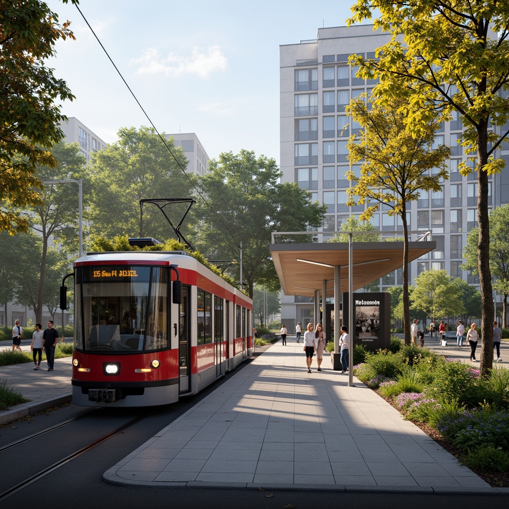 Prompt: Modern tram station, eco-friendly architecture, green roofs, solar panels, energy-efficient lighting, recycled materials, minimalist design, spacious platforms, natural ventilation systems, large windows, panoramic views, urban landscape, bustling city streets, morning commute, soft warm lighting, shallow depth of field, 1/1 composition, realistic textures, ambient occlusion.