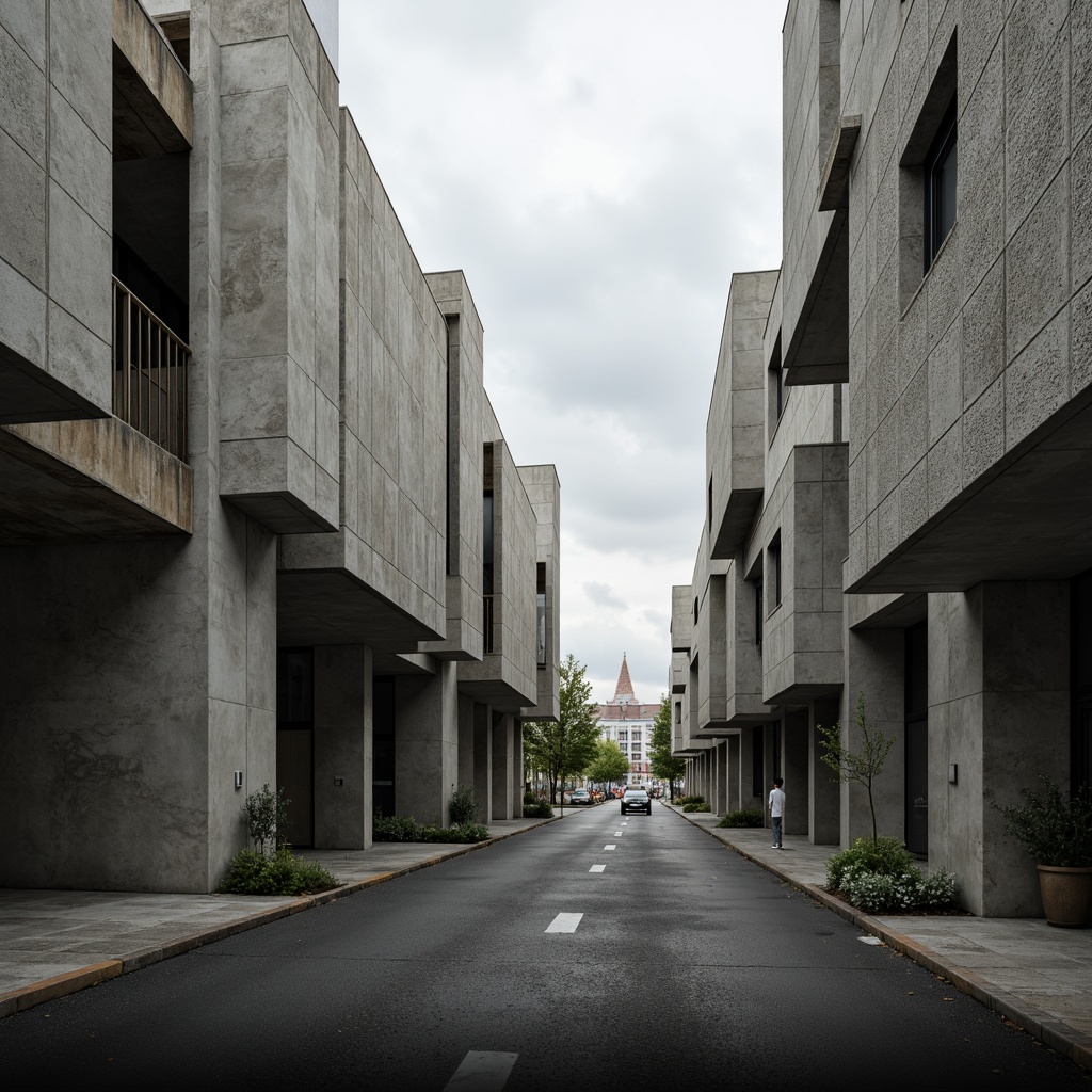 Prompt: Exposed concrete walls, rugged textures, raw industrial materials, brutalist architectural style, fortress-like structures, bold geometric shapes, minimalist ornamentation, functional simplicity, monolithic forms, dramatic cantilevers, chunky columns, urban cityscape, overcast sky, harsh shadows, high-contrast lighting, abstract composition, cinematic atmosphere, gritty realism.