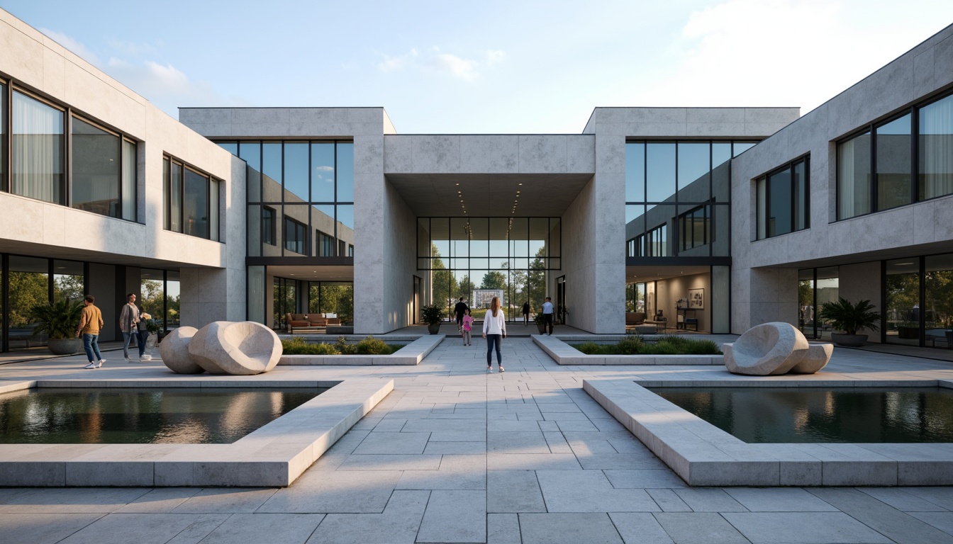 Prompt: Modern memorial center, sleek glass facade, minimalist architecture, clean lines, angular shapes, abstract sculptures, solemn atmosphere, soft natural light, subtle shadows, polished metal accents, frosted glass panels, cantilevered overhangs, asymmetrical composition, dramatic focal points, muted color palette, weathered stone cladding, large format photography, shallow depth of field, 2/3 composition, panoramic view, realistic textures, ambient occlusion.