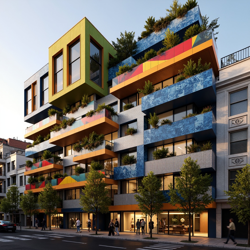 Prompt: Vibrant residential facade, experimental architecture, irregular shapes, bold color blocking, contrasting textures, perforated metal screens, cantilevered balconies, green roofs, living walls, vertical gardens, urban context, dense cityscape, modernist influences, deconstructivist elements, futuristic accents, abstract patterns, dynamic lighting effects, warm golden hour, shallow depth of field, 2/3 composition, detailed close-ups, realistic material renderings.