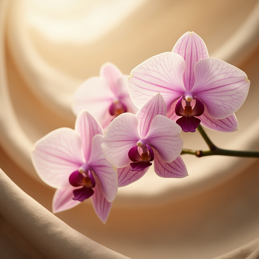 Prompt: Softly glowing orchid hues, delicate petals, subtle sheen, gentle curves, organic shapes, natural textures, earthy undertones, rich berry accents, creamy whites, warm beige backgrounds, luxurious fabrics, velvety smoothness, golden lighting, shallow depth of field, 1/1 composition, intimate atmosphere, realistic renderings, ambient occlusion.