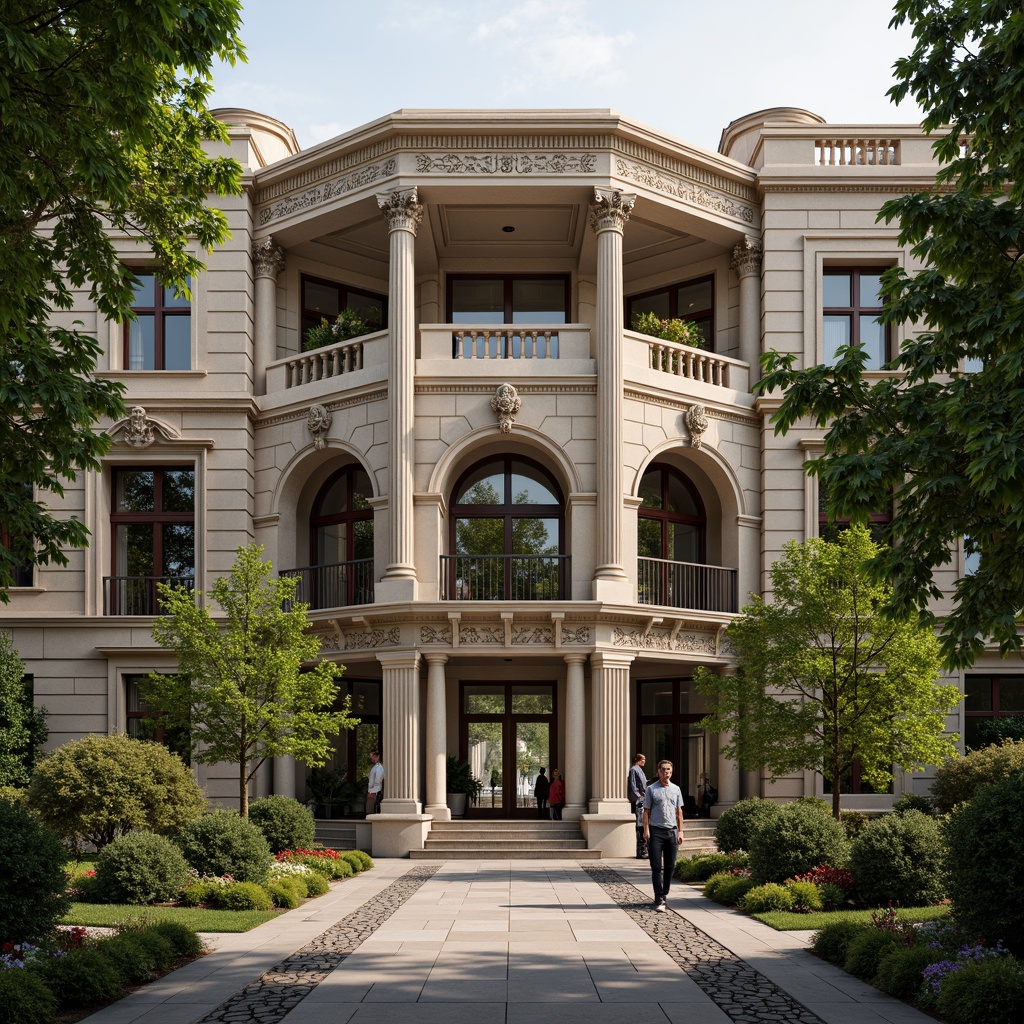 Prompt: Grandiose library facade, neoclassical architecture, ornate columns, intricate carvings, majestic arches, symmetrical composition, richly textured stone walls, imposing entrance gates, beautifully manicured gardens, lush greenery, vibrant flowers, natural light pouring through large windows, soft warm lighting, subtle shadows, 1/1 composition, realistic textures, ambient occlusion.