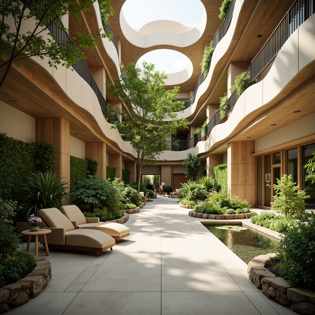 Prompt: Soothing hospital interior, organic curves, natural materials, reclaimed wood accents, living green walls, abundant daylight, warm earthy tones, calming water features, serene aquariums, peaceful botanical gardens, ergonomic furniture, acoustic comfort, minimalist decor, subtle texture variations, warm color palette, soft diffused lighting, shallow depth of field, 2/3 composition, harmonious natural ambiance, realistic plant life, ambient occlusion.