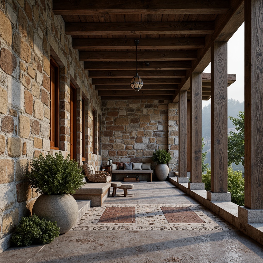 Prompt: Rough stone walls, natural rock formations, weathered wooden planks, distressed metal panels, tactile concrete floors, organic pebble pathways, intricate mosaic patterns, earthy terracotta tiles, rustic brick facades, ornate carved details, ambient occlusion, shallow depth of field, 3/4 composition, realistic renderings.