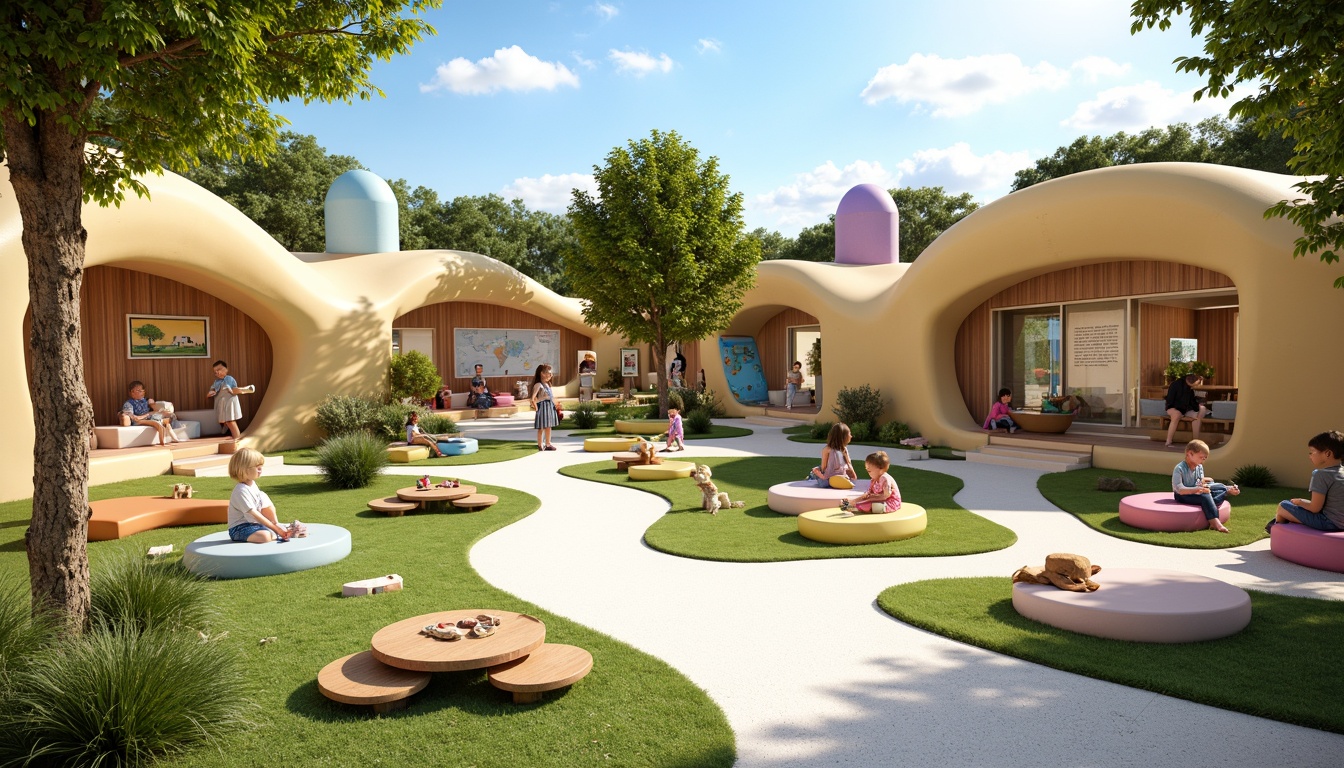 Prompt: Vibrant kindergarten playground, whimsical organic shapes, wavy lines, rounded curves, playful blob-like structures, soft pastel colors, natural wood accents, greenery walls, flower-shaped planters, winding pathways, educational murals, interactive exhibits, cozy reading nooks, circular tables, chunky wooden blocks, tactile materials, warm sunny day, shallow depth of field, 1/1 composition, panoramic view, realistic textures, ambient occlusion.