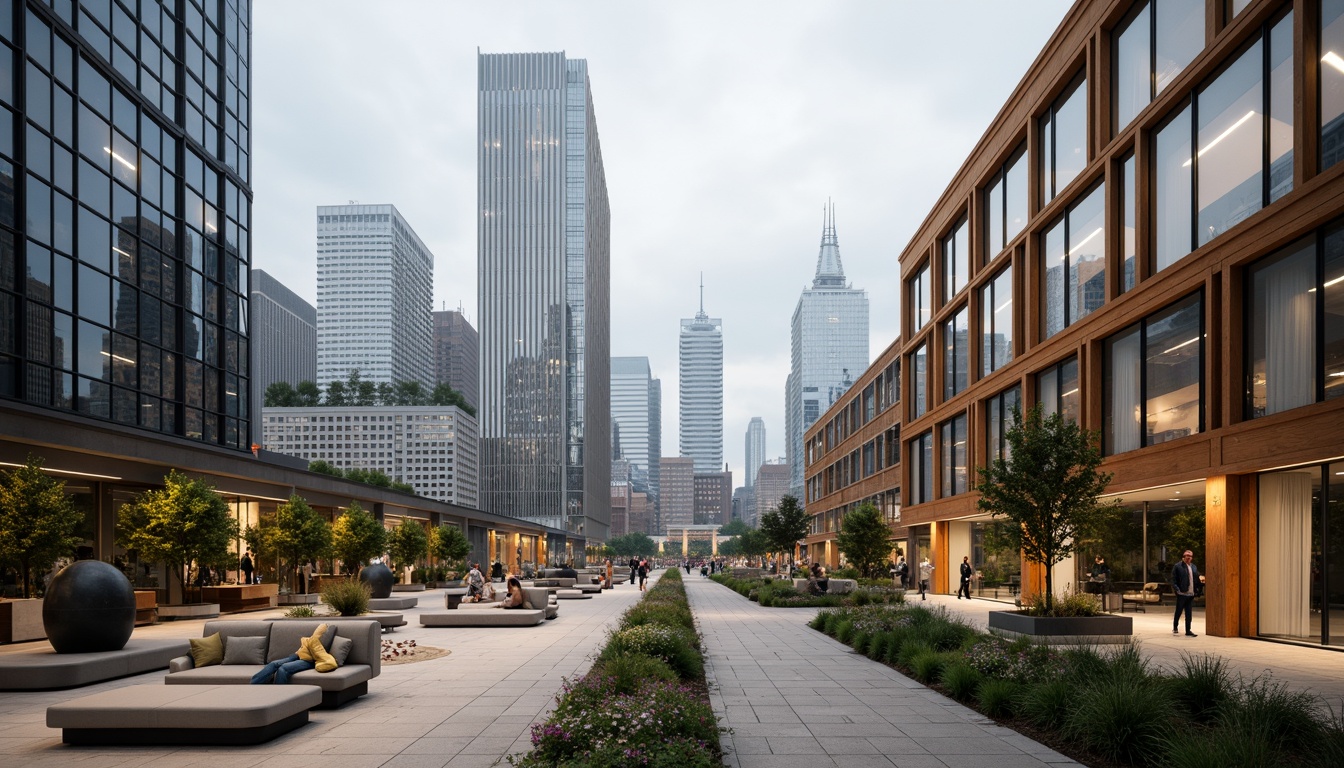 Prompt: Vibrant urban landscape, modern cityscape, sleek skyscrapers, metallic facades, glass towers, contemporary architecture, neutral color palette, monochromatic tones, bold accent colors, warm beige stones, cool grey concrete, rich wood textures, sophisticated lighting design, dramatic shadow effects, atmospheric mist, 3/4 composition, shallow depth of field, realistic renderings.