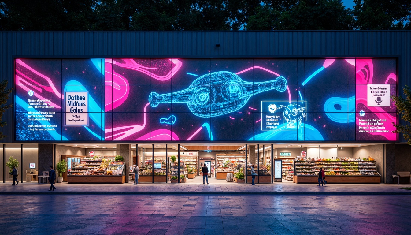 Prompt: Neon-lit grocery store facade, futuristic metallic panels, angular lines, dynamic LED displays, holographic advertisements, automated sliding doors, high-tech sensors, sleek robotic assistants, minimalist shelving systems, eco-friendly packaging, vibrant colorful accents, geometric patterned flooring, spacious open layout, natural light filtering, soft ambient glow, shallow depth of field, 3/4 composition, panoramic view, realistic reflections, ambient occlusion.