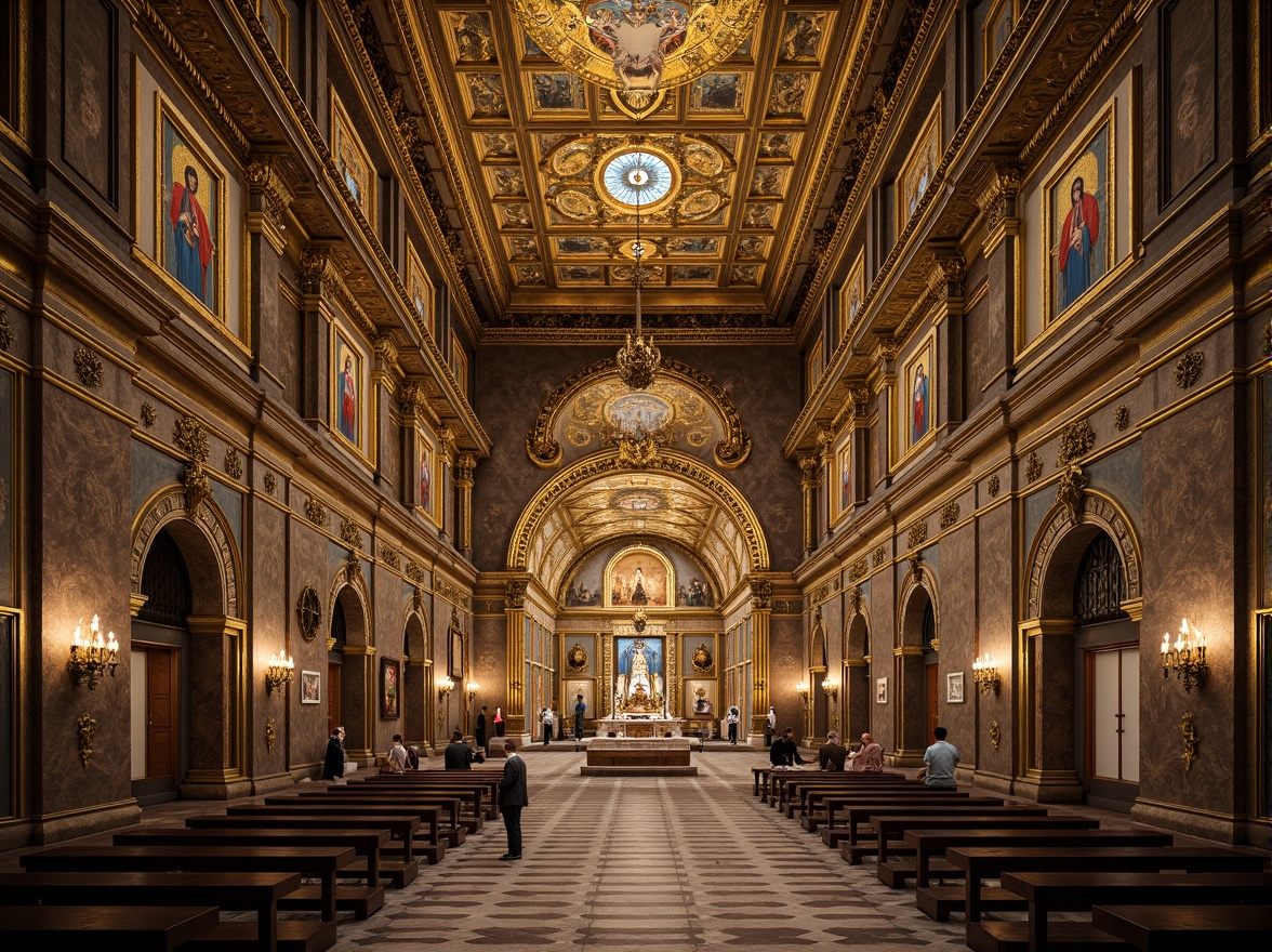 Prompt: Byzantine church interior, intricate mosaics, golden tesserae, ornate iconography, Virgin Mary depiction, Christ Pantocrator representation, apostle figures, lavish decorations, marble floors, vaulted ceilings, ornate arches, Romanesque influences, warm candlelight, soft mystical ambiance, shallow depth of field, 2/3 composition, realistic textures, ambient occlusion.