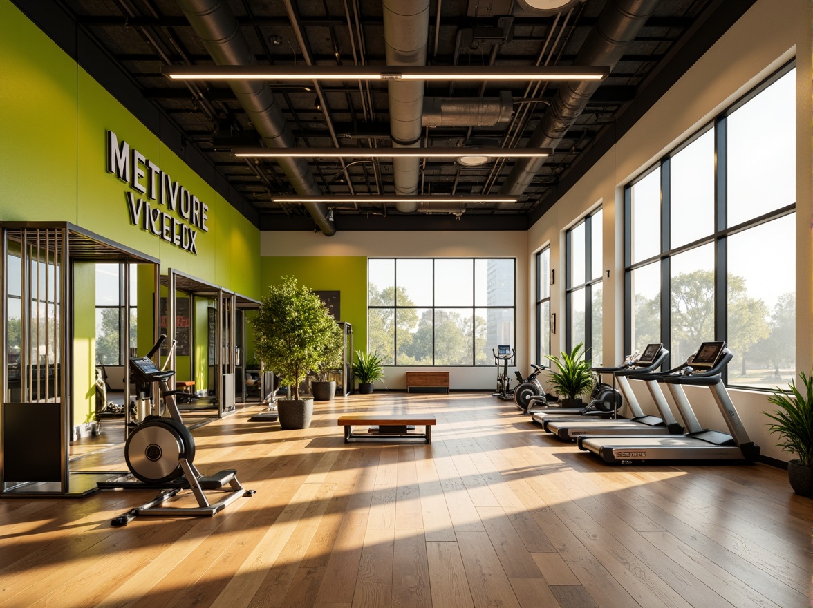 Prompt: Contemporary fitness club, high ceilings, polished wooden floors, sleek metal equipment, floor-to-ceiling windows, abundant natural light, warm beige tones, vibrant green accents, motivational quotes, energetic atmosphere, morning sunlight, soft shadows, shallow depth of field, 1/1 composition, realistic textures, ambient occlusion.