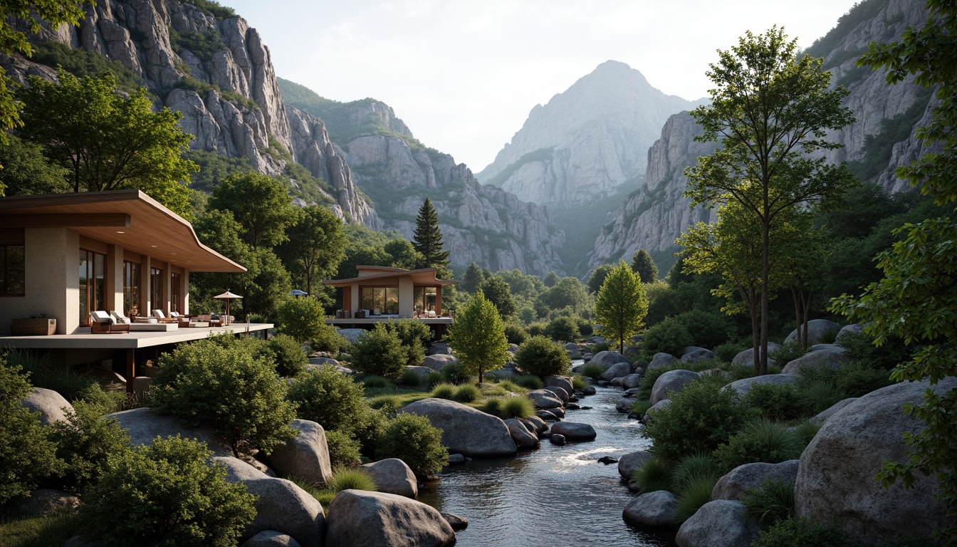 Prompt: Serene mountainous backdrop, lush green forests, meandering streams, rugged rock formations, blending modern architecture, curved lines, minimalist design, eco-friendly materials, natural stone walls, wooden accents, cantilevered roofs, floor-to-ceiling windows, panoramic views, soft warm lighting, shallow depth of field, 3/4 composition, realistic textures, ambient occlusion, harmonious integration of nature and structure.