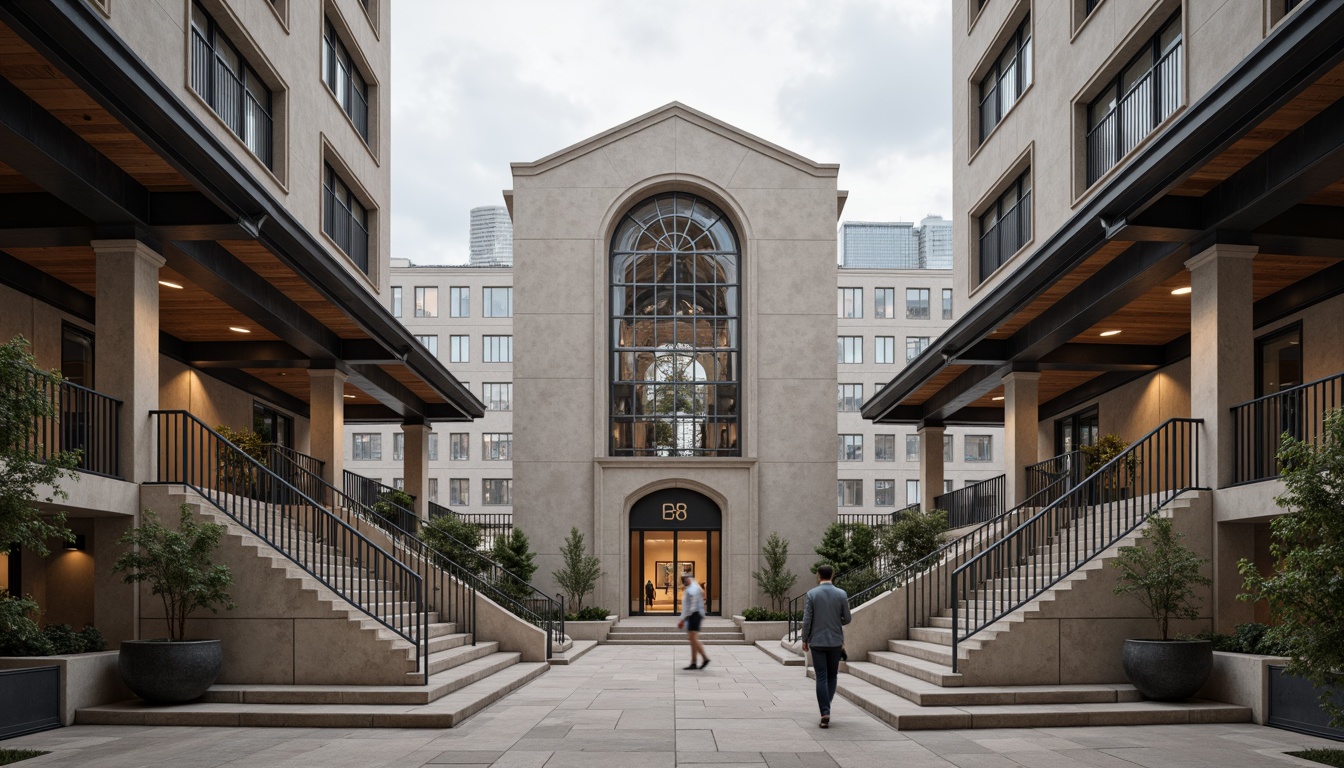 Prompt: Intricate archways, ornate columns, grand entrance gates, sweeping staircases, minimalist railings, industrial-style pipes, exposed ductwork, concrete flooring, rustic wooden accents, steel beams, cantilevered roofs, asymmetrical facades, modernist brutalism, urban cityscape, cloudy overcast sky, soft diffused lighting, shallow depth of field, 1/1 composition, realistic textures, ambient occlusion.