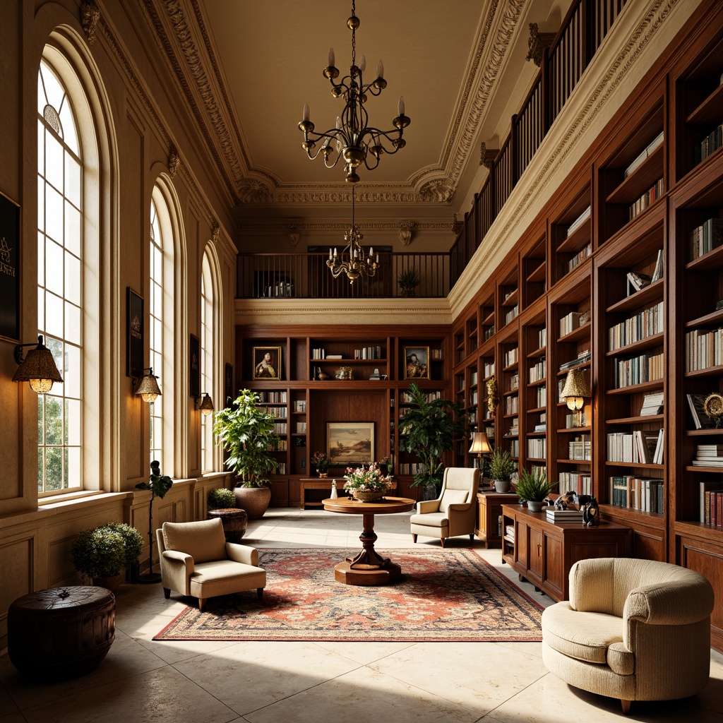 Prompt: Elegant library interior, rich wood accents, ornate moldings, cream-colored marble floors, stately columns, grand chandeliers, vintage leather-bound books, gilded frames, subtle warm lighting, soft focus, shallow depth of field, 1/2 composition, warm beige walls, classic fresco ceilings, intricate patterned rugs, comfortable reading nooks, serene atmosphere, morning natural light.