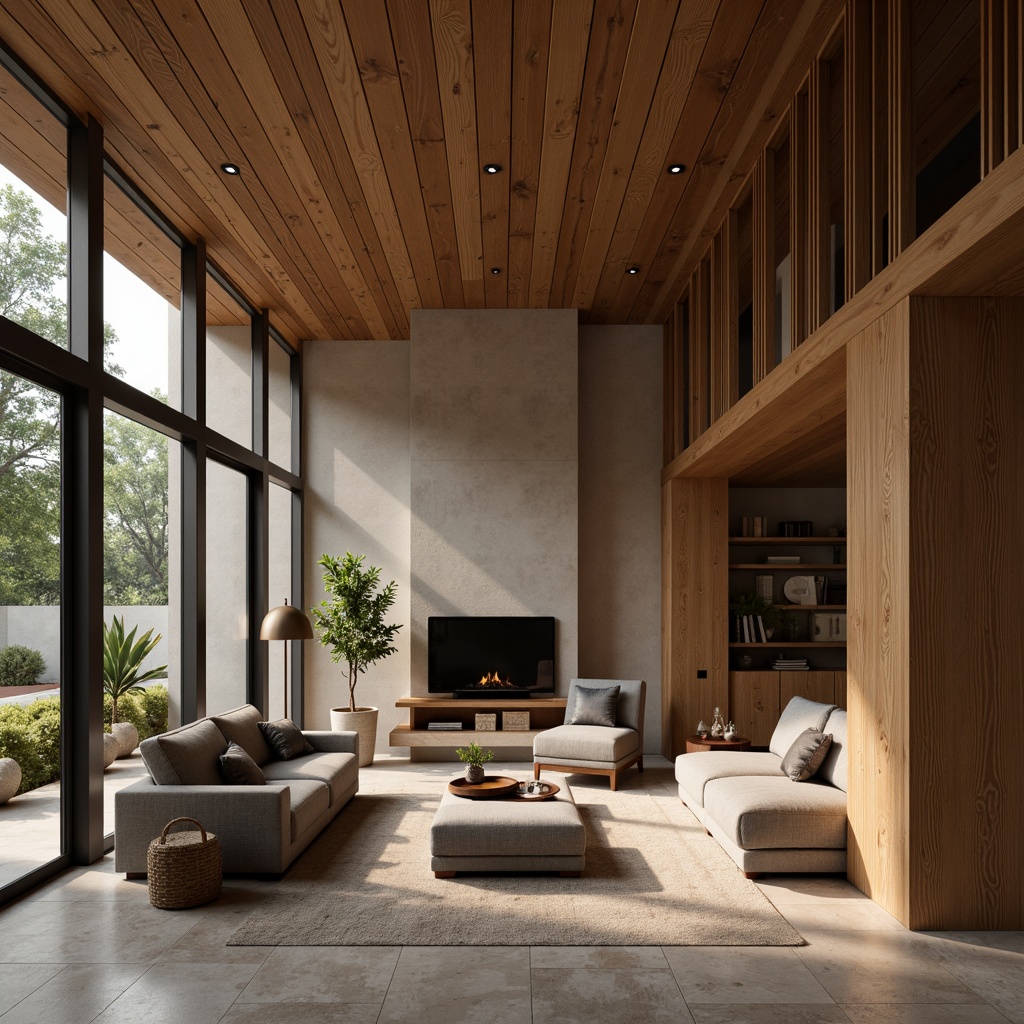 Prompt: Luxurious interior space, rich wood textures, polished metal accents, velvety soft upholstery, sleek glass surfaces, natural stone flooring, eco-friendly sustainable materials, recycled content, minimalist aesthetic, subtle color palette, ambient warm lighting, 3/4 composition, shallow depth of field, realistic reflections, detailed normal maps.