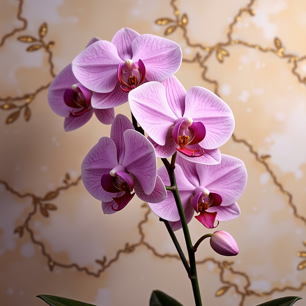 Prompt: Lush orchid flowers, soft pink petals, delicate purple hues, warm beige background, elegant gold accents, luxurious velvet textures, sophisticated marble patterns, refined ornate details, subtle gradient transitions, dreamy ethereal atmosphere, natural softbox lighting, 1/1 composition, intimate close-up view, realistic fabric simulations, ambient occlusion.