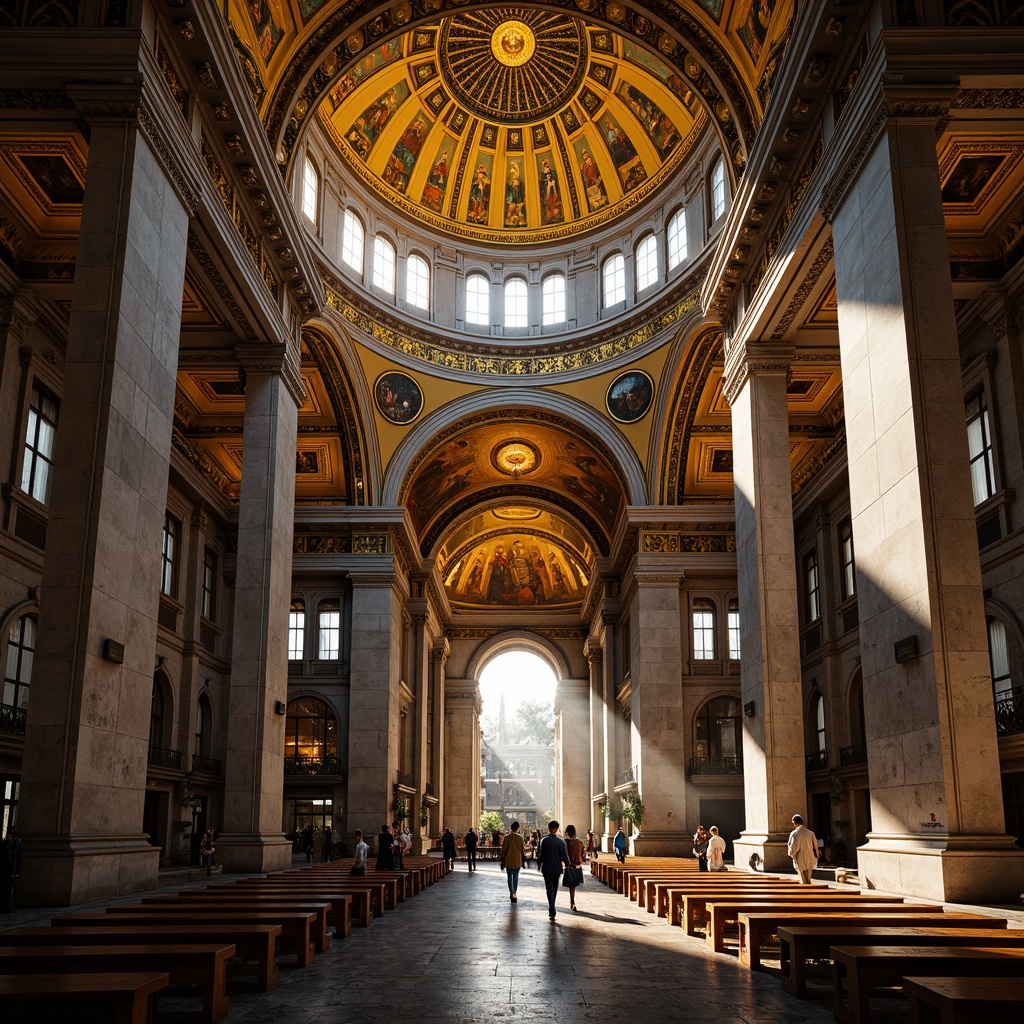 Prompt: Byzantine domes, ornate gold mosaics, intricate stone carvings, grandiose cathedral interiors, vaulted ceilings, ornamental arches, marble columns, sacred icons, golden lighting, dramatic shadows, high-contrast textures, detailed frescoes, lavish decorations, ancient Greek influences, imposing structures, symmetrical compositions, warm afternoon light, soft focus effect.