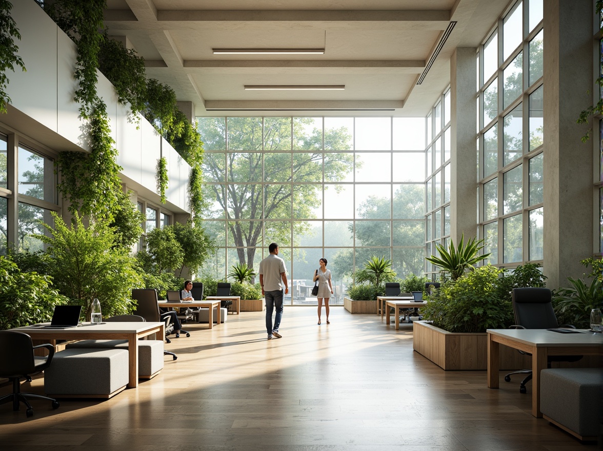 Prompt: Spacious office interior, abundant natural light, large windows, clerestory windows, open floor plan, minimal partitions, green walls, living plants, wooden floors, modern furniture, ergonomic chairs, collaborative workspaces, airy atmosphere, gentle breeze, soft diffused lighting, 1/1 composition, shallow depth of field, realistic textures, ambient occlusion.