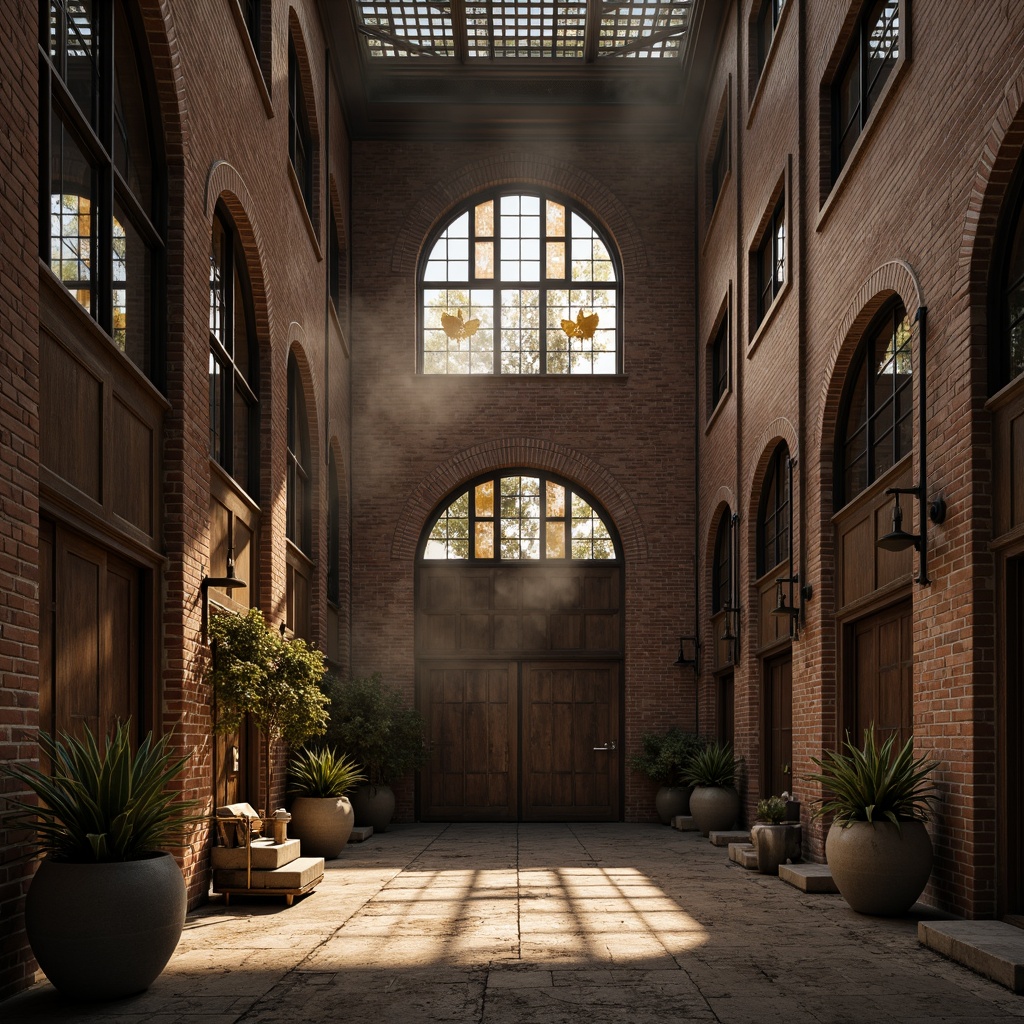 Prompt: Rustic warehouse facade, Romanesque arches, rough-hewn stone walls, distressed brick textures, industrial metal accents, ornate ironwork, vintage wooden doors, stained glass windows, asymmetrical compositions, dramatic shadows, warm golden lighting, atmospheric fog, shallow depth of field, 2/3 composition, cinematic view, realistic renderings, subtle ambient occlusion.